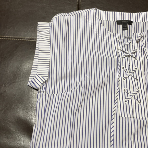 Striped Lace-up Cotton Shirtdress White Blue - Picture 7 of 11